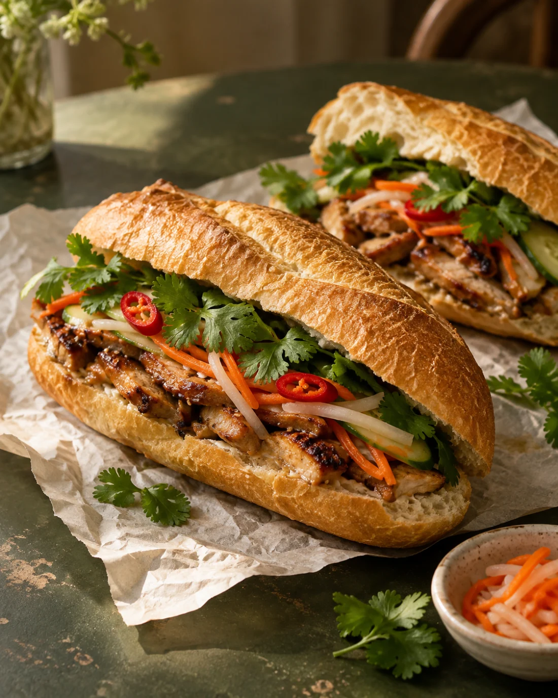 Bánh mì croustillant garni de poulet, de légumes et de coriandre — visuel d’illustration